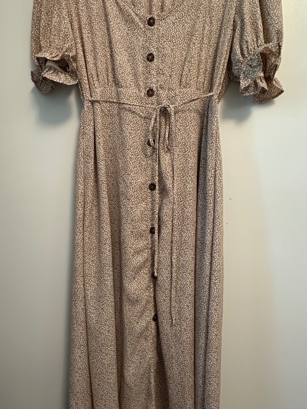 Sienna Sky Floral Midi Dress Size L Brown Cream Button Front Tie Waist Boho - Picture 2 of 4